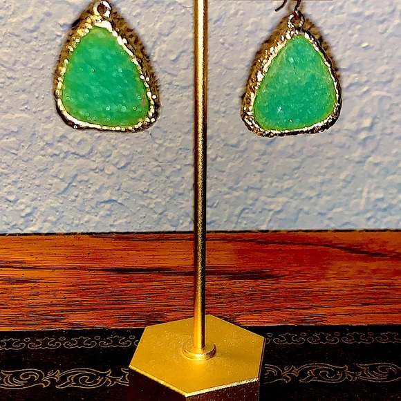 Green Druzy Earrings with Gold Trim - Picture 2 of 9